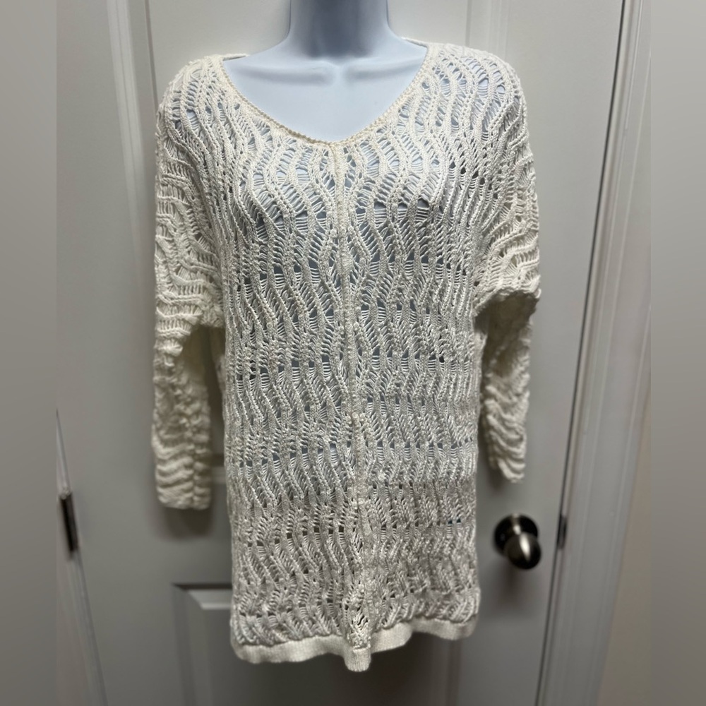 J. McLaughlin White Mesh Open Knit Sweater Top Medium Cotton Fisherman